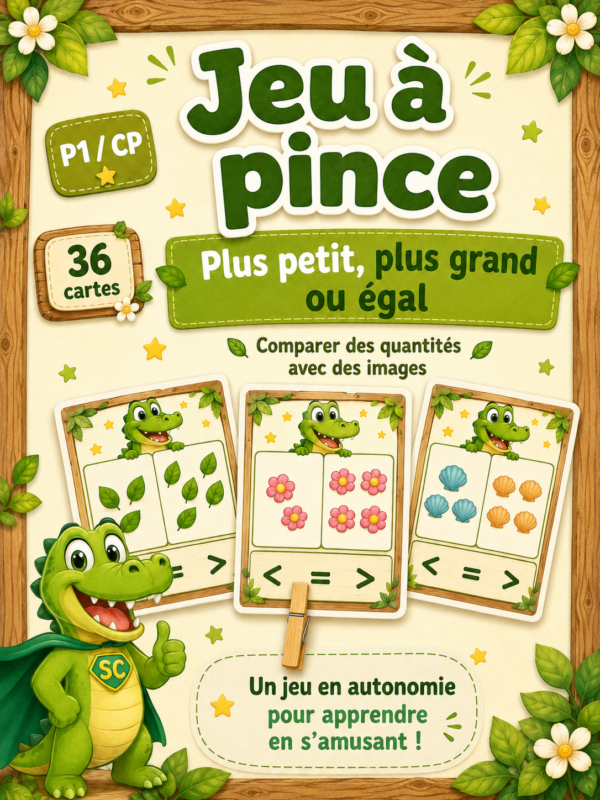 Plus petit, plus grand ou égal – Jeu à pince avec images pour les élèves de P1 et CP.