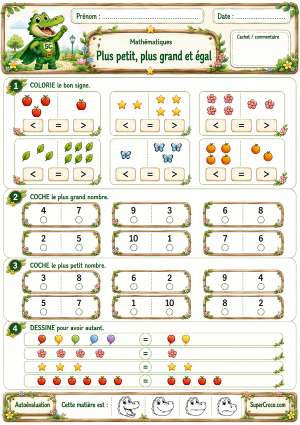 Plus petit, plus grand et égal en P1 CP – feuille d’exercices illustrée pour comparer des nombres et utiliser les signes inférieur, supérieur et égal.