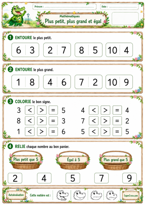 Plus petit, plus grand et égal – fiche d’exercices de mathématiques P1 CP