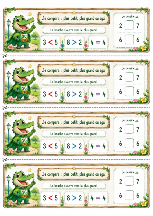 Plus petit, plus grand ou égal en P1/CP : quatre bandelettes illustrées à découper et à coller dans le cahier de synthèse.