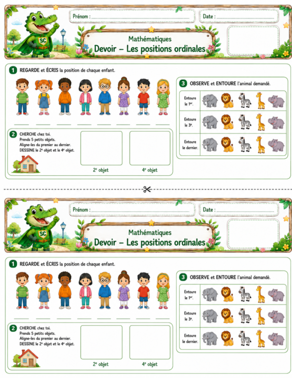 Devoir sur les positions ordinales pour la première primaire avec deux exemplaires identiques à découper.