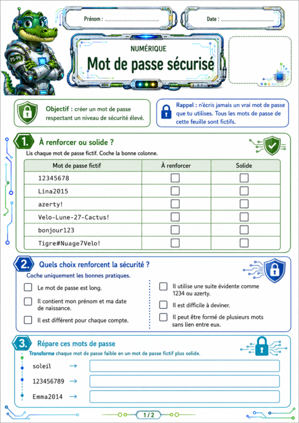 Exercices mot de passe sécurisé P5 CM2 – Numérique et cybersécurité