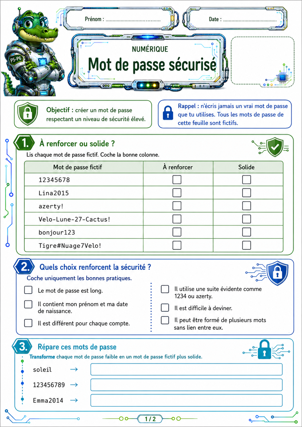 Exercices mot de passe sécurisé P5 CM2 – Numérique et cybersécurité