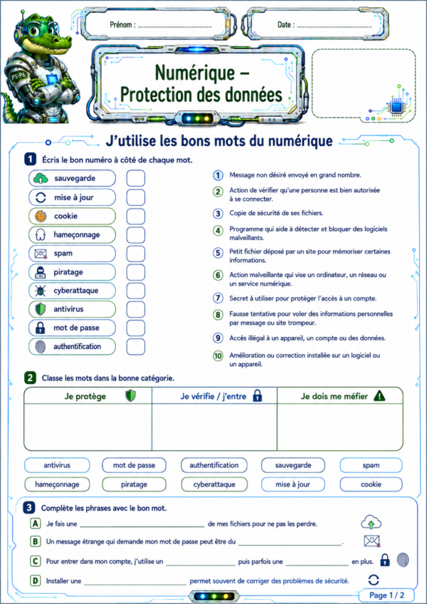 Protection des données P5 CM2 – Exercices de numérique sur la cybersécurité et la sécurité des données