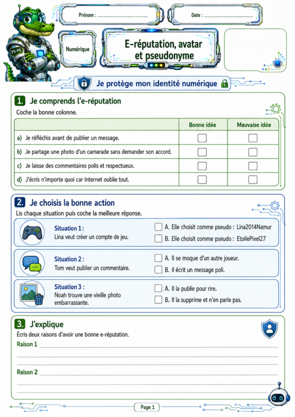 E-réputation, avatar et pseudonyme P5 / CM2 – Exercices de numérique