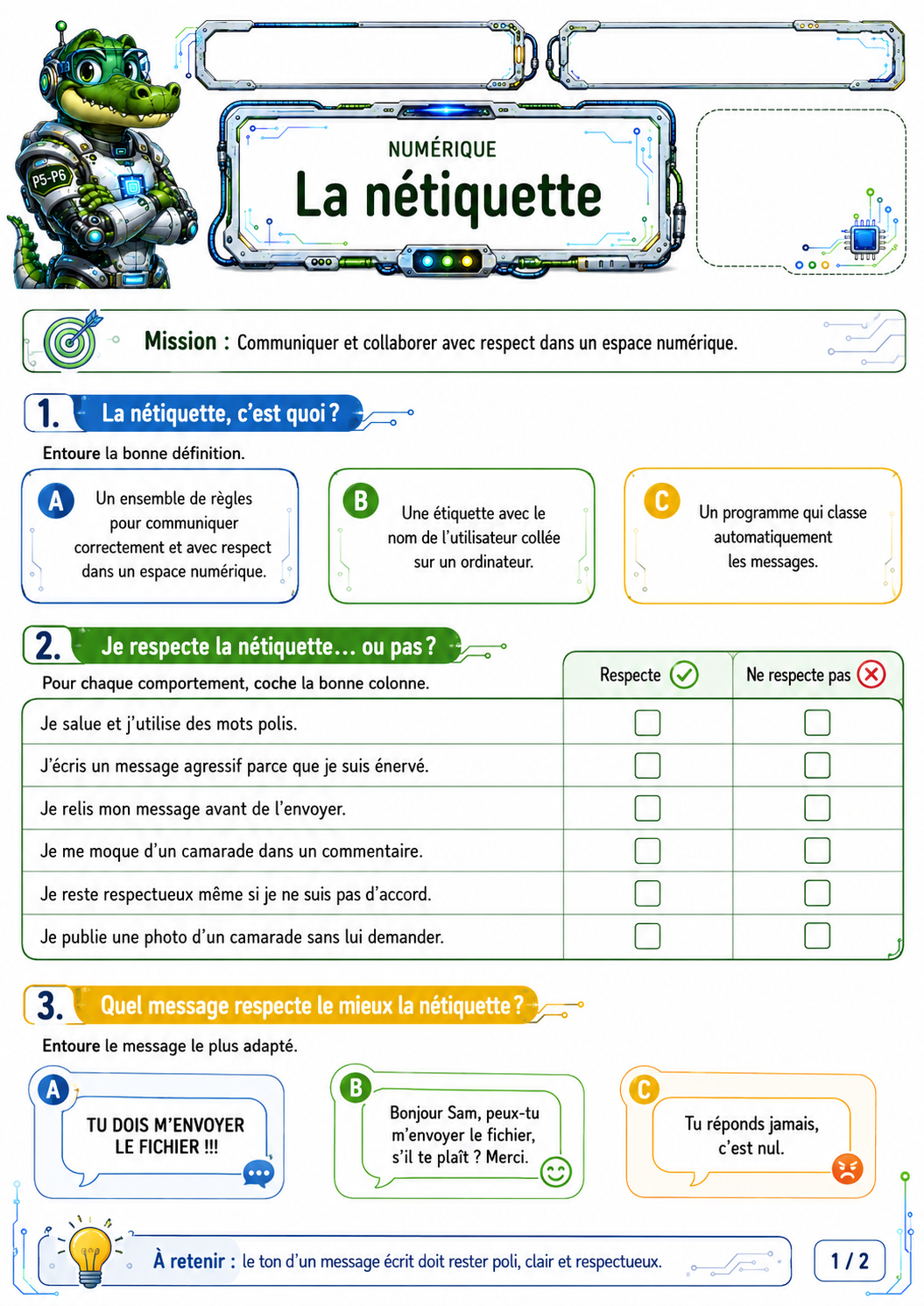 Exercices sur la nétiquette en P5 / CM2 pour apprendre à communiquer avec respect dans un environnement numérique.