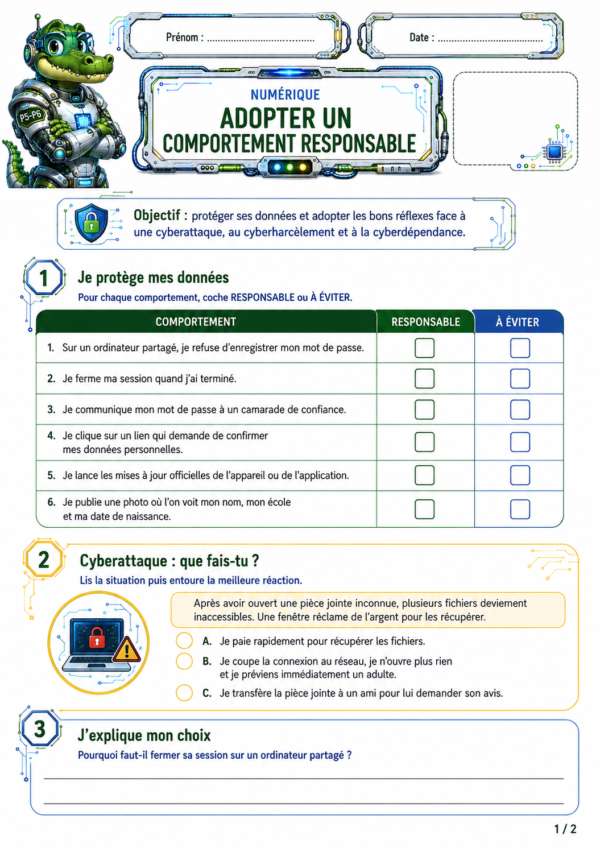 Exercices de numérique P5 / CM2 sur la protection des données et les bons réflexes face à une cyberattaque.