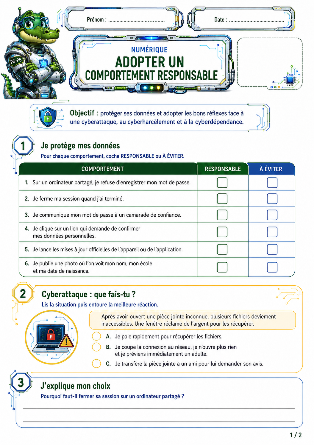 Exercices de numérique P5 / CM2 sur la protection des données et les bons réflexes face à une cyberattaque.