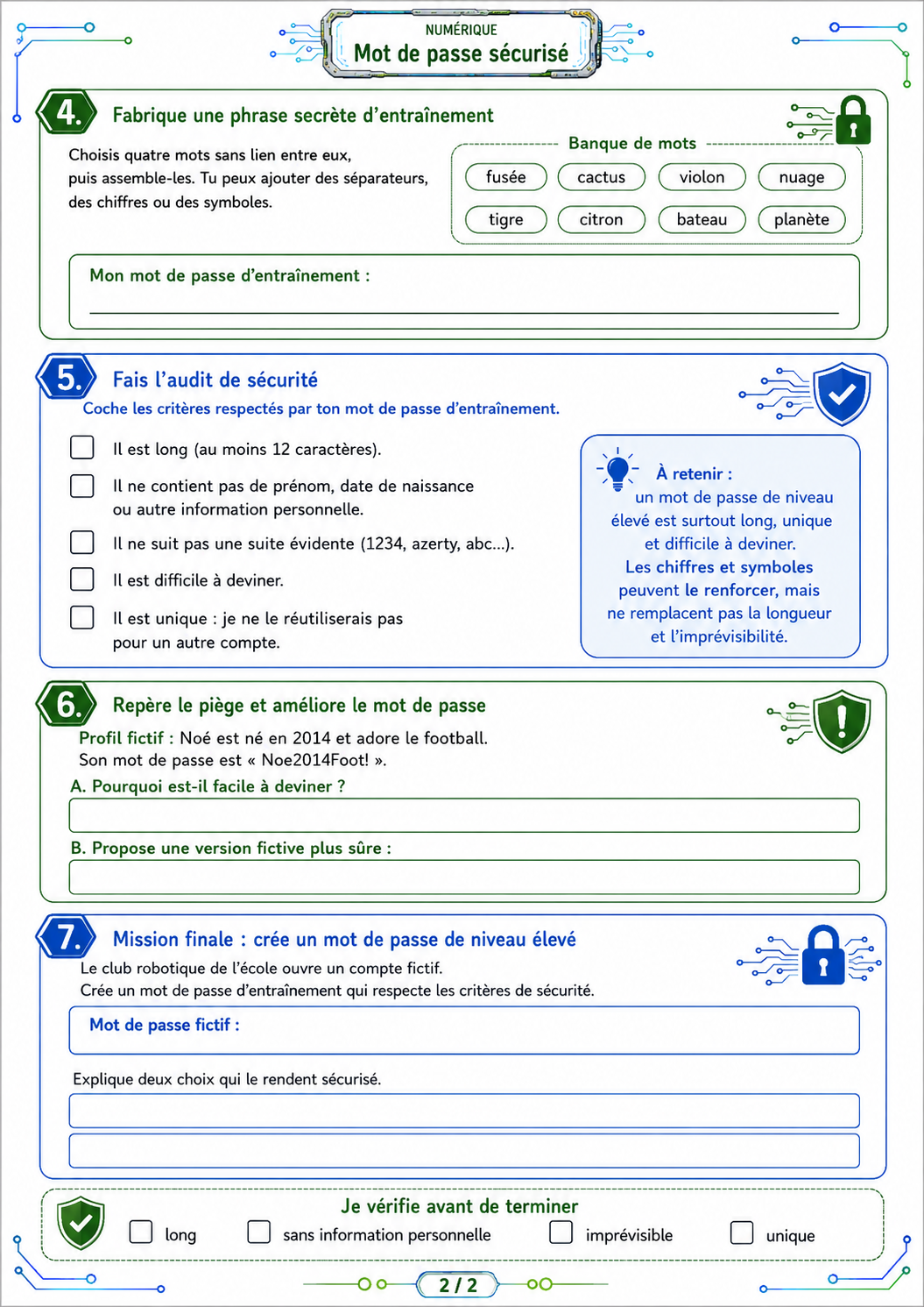 Créer un mot de passe sécurisé P5 CM2 – Exercices de numérique