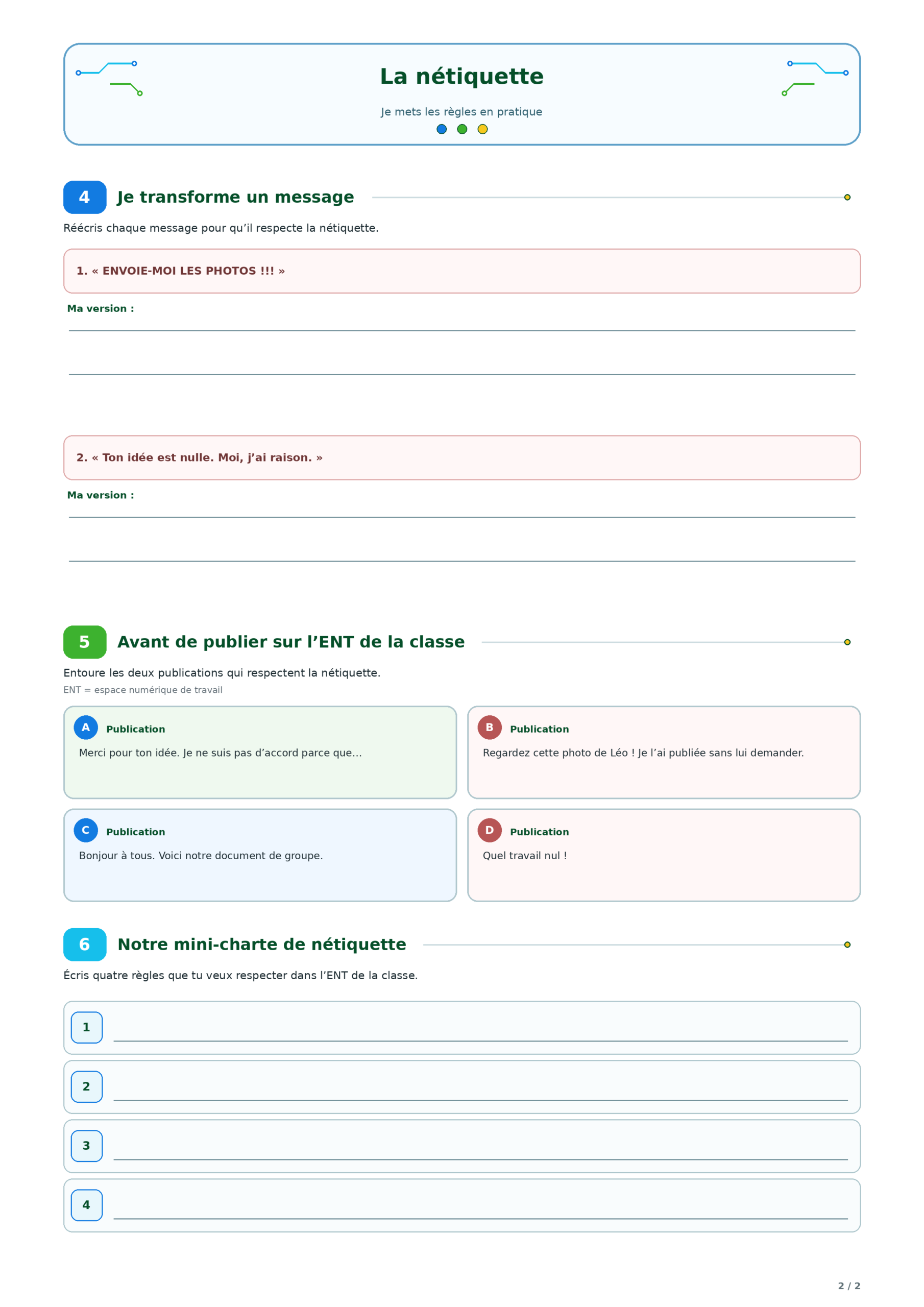 Exercices de nétiquette en P5 / CM2 pour reformuler des messages, adopter de bonnes pratiques sur un ENT et créer une charte numérique.