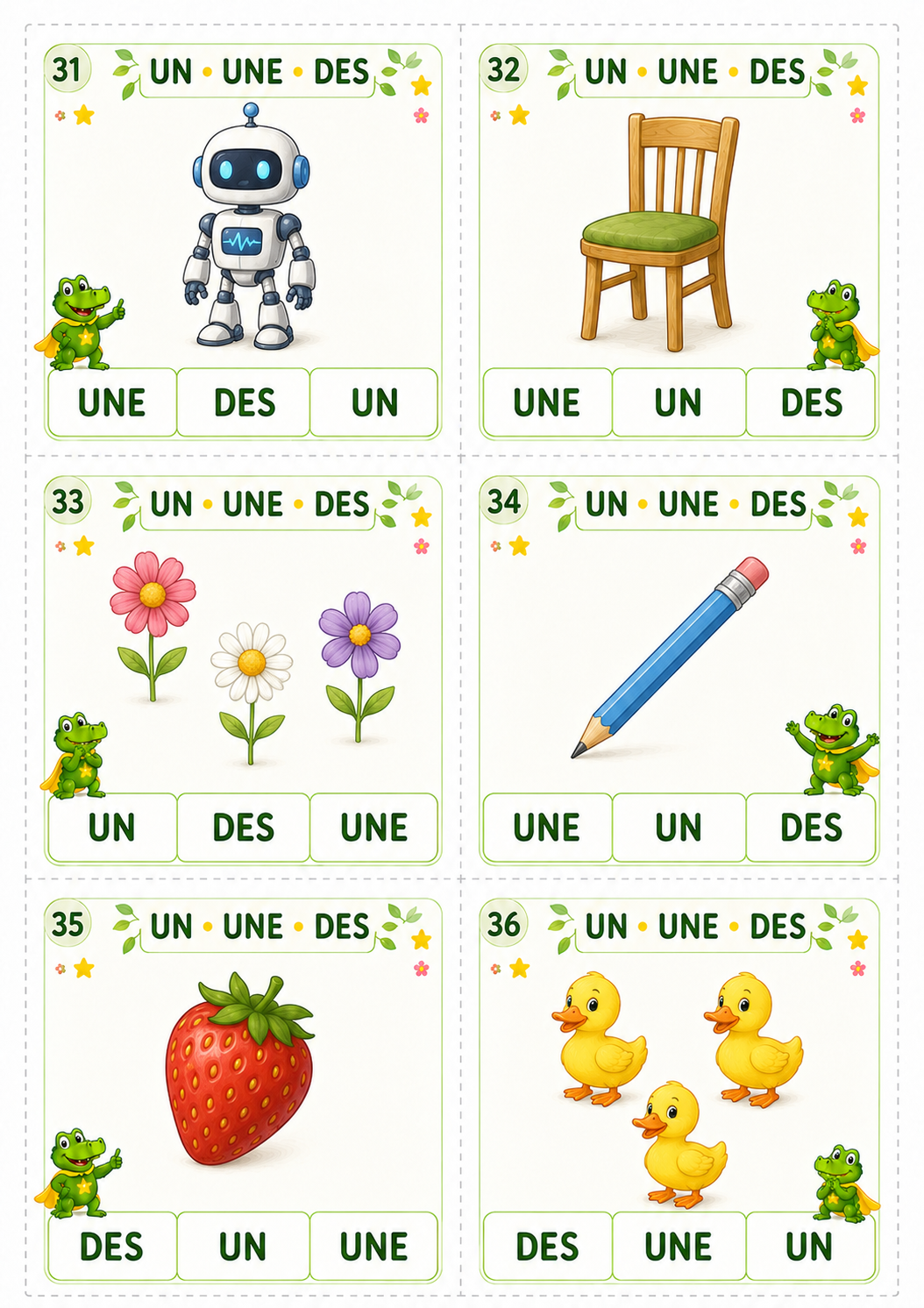 Planche de cartes à pince 31 à 36 pour choisir entre les déterminants un, une et des en P2 et CE1