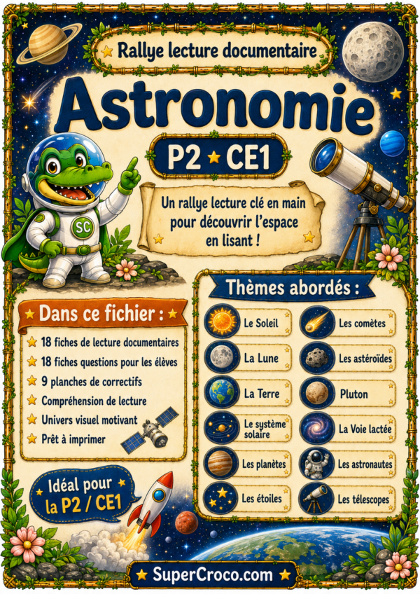 Rallye lecture astronomie P2-CE1 avec SuperCroco astronaute, planètes, étoiles et informations sur les 18 fiches documentaires.