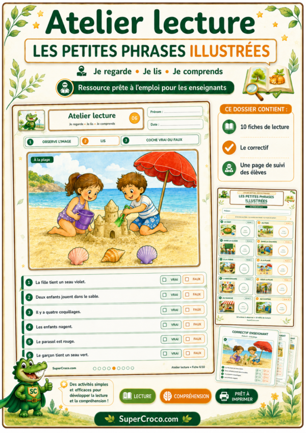 Atelier lecture CP et première primaire avec 10 activités illustrées, un correctif et une fiche individuelle de suivi.