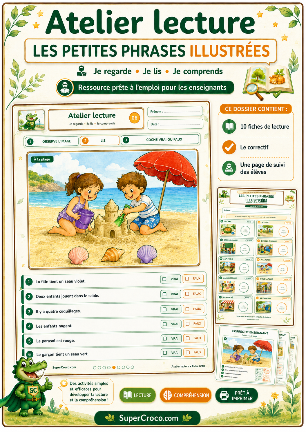 Atelier lecture CP et première primaire avec 10 activités illustrées, un correctif et une fiche individuelle de suivi.