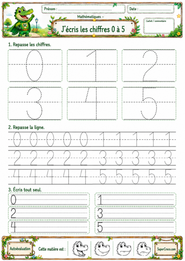 Exercices d’écriture des chiffres de 0 à 5 pour P1 CP