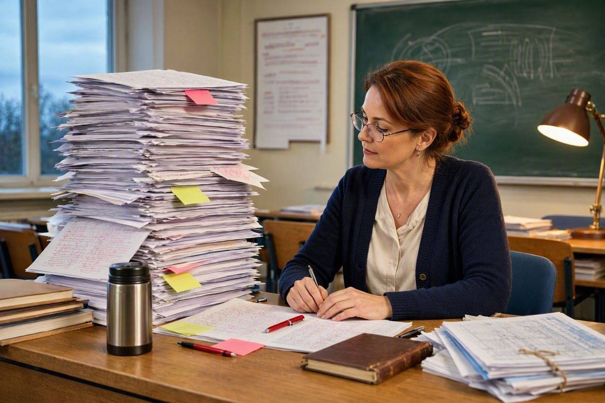 Une professeur qui corrige trop, grosse énorme pile de correction 090826 Une professeure face à une énorme pile de copies à corriger