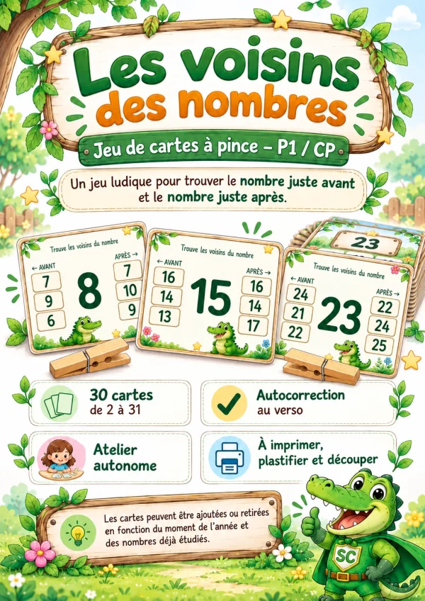 Les voisins des nombres P1 CP – jeu de cartes à pince pour trouver le nombre juste avant et le nombre juste après