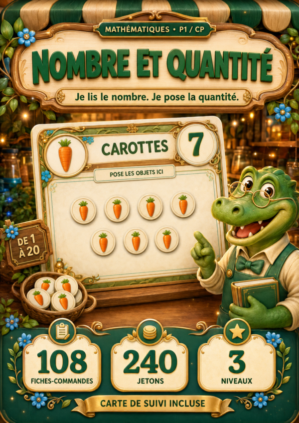 Présentation du jeu de dénombrement jusqu’à 20 avec fiches-commandes et jetons pour P1/CP