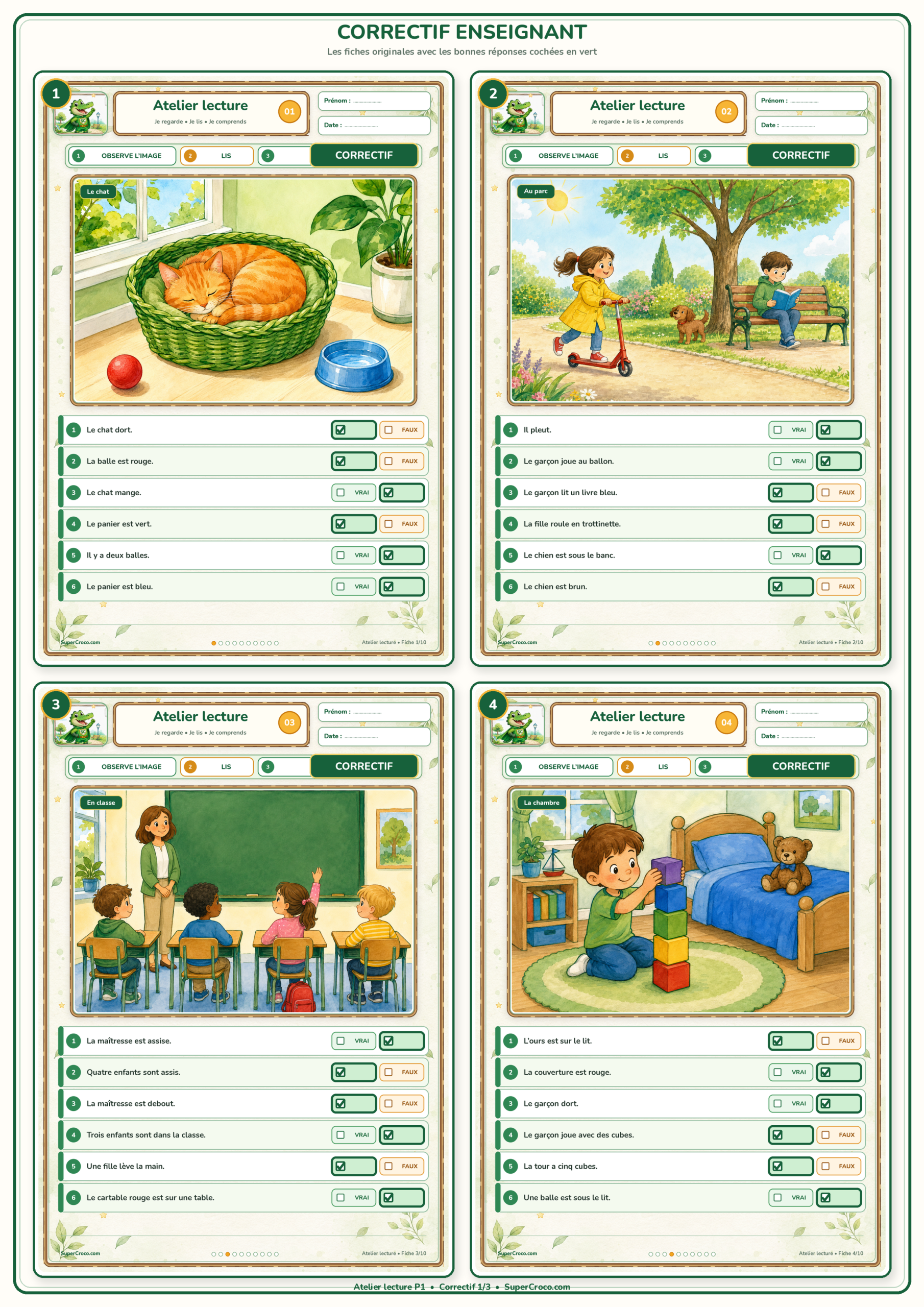 Première page du correctif illustré de l’atelier lecture CP, avec les réponses des premières activités « Phrases et images ».