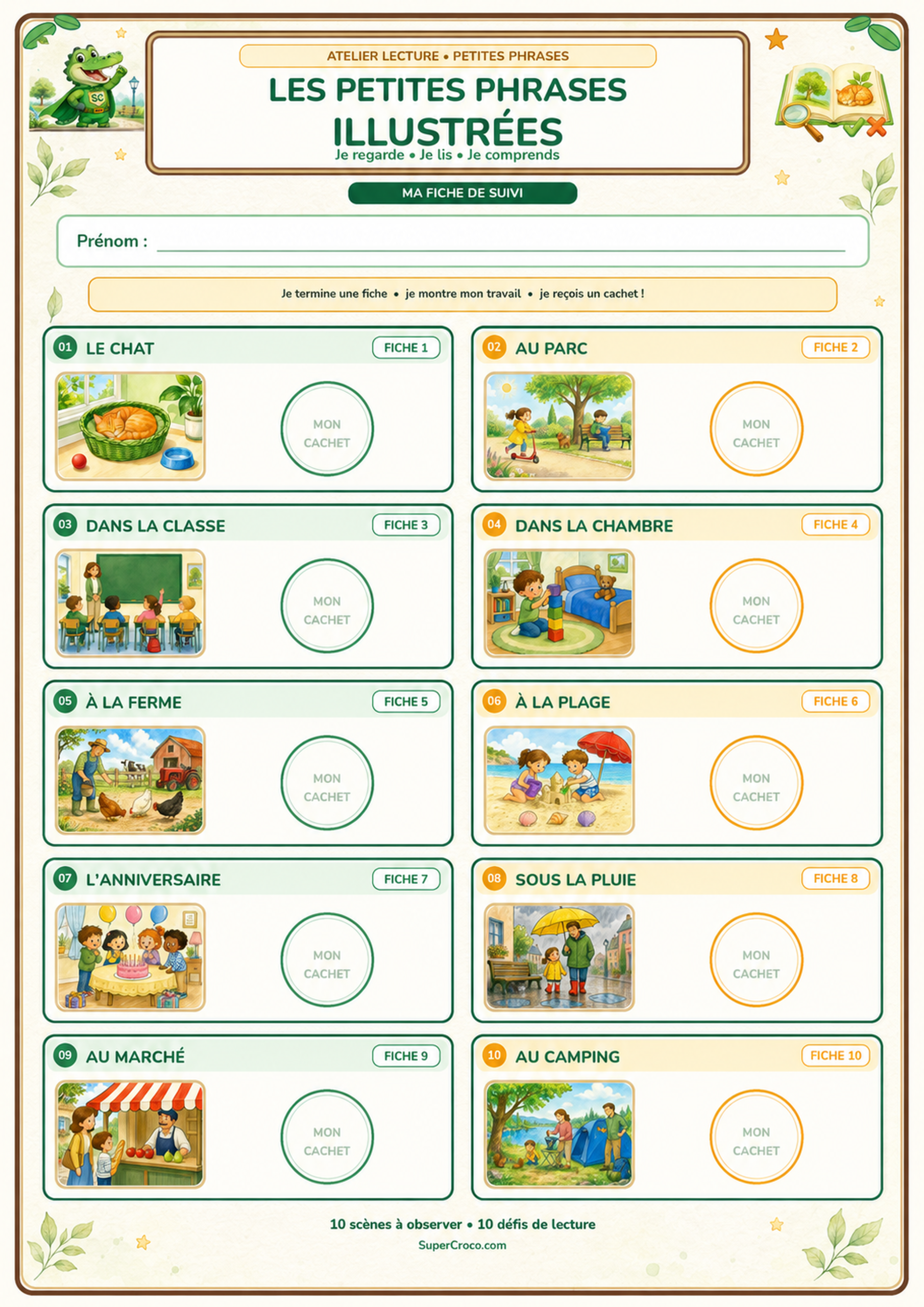 Fiche individuelle de suivi de l’atelier lecture CP avec 10 emplacements pour noter la progression de l’élève.