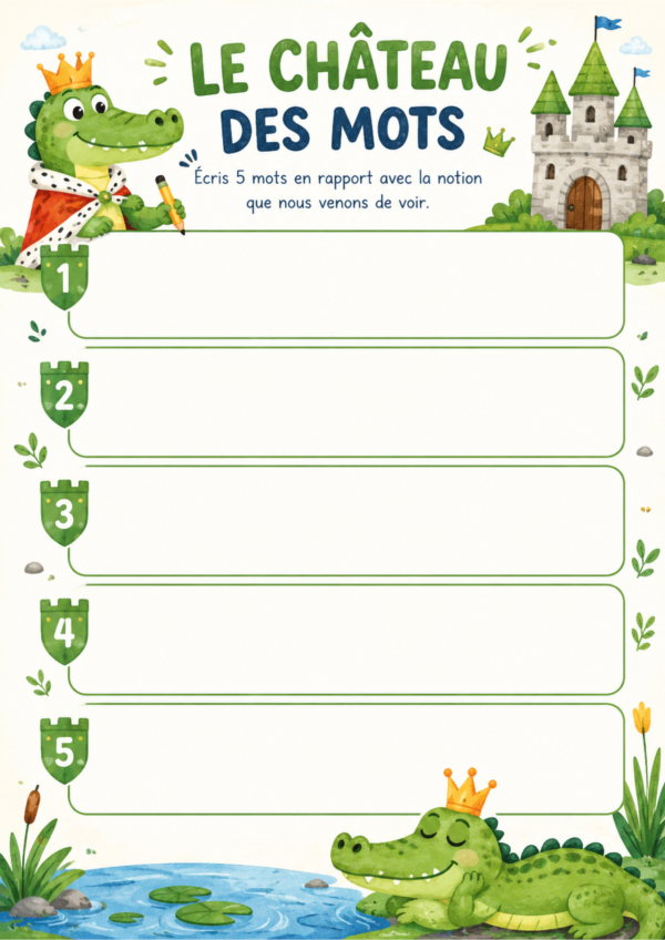 Fiche Le Château des mots avec 5 grandes cases pour écrire des mots liés à une notion en P1 CP