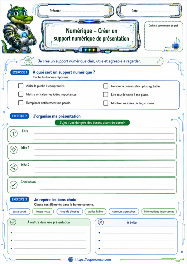 Créer un support numérique de présentation en P6 – Exercices de numérique sur les bonnes pratiques d’un diaporama – Page 1