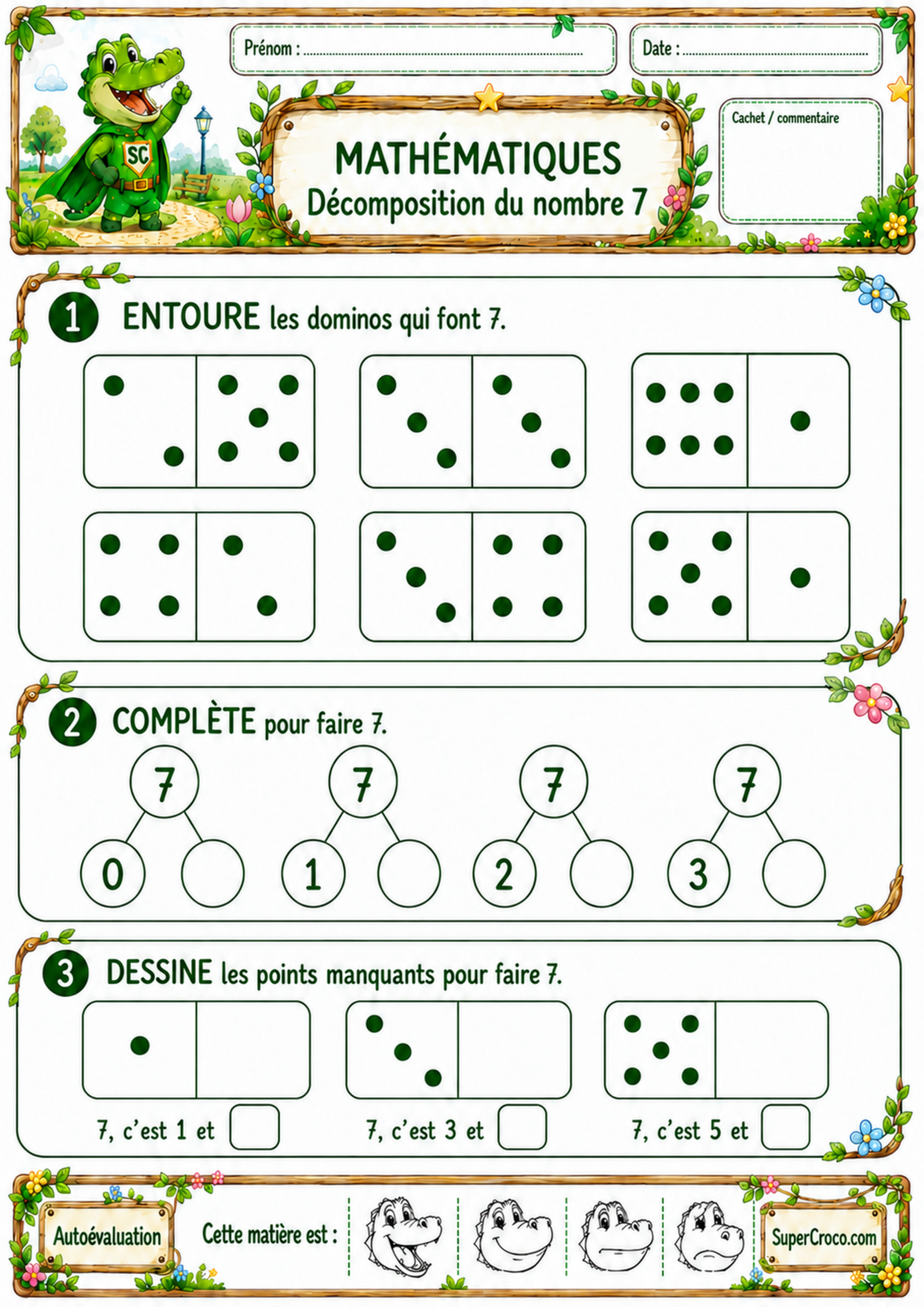 Feuille d’exercices de mathématiques sur la décomposition du nombre 7 avec des dominos pour les élèves de P1 et de CP
