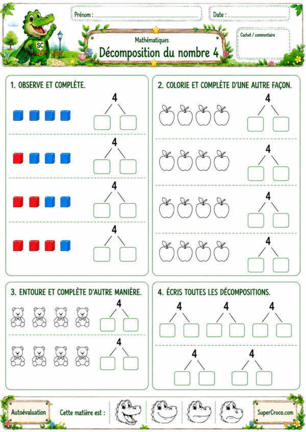 Décomposition du nombre 4 en P1 CP avec exercices et schémas de décomposition