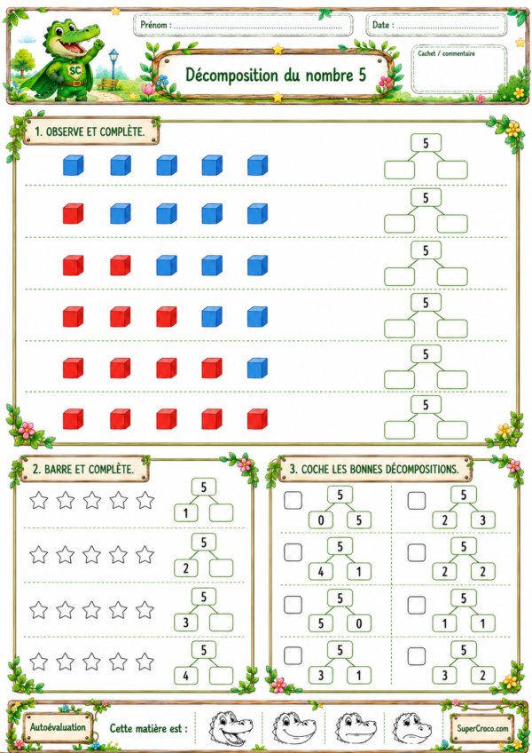 Décomposition du nombre 5 – exercices de mathématiques P1 CP