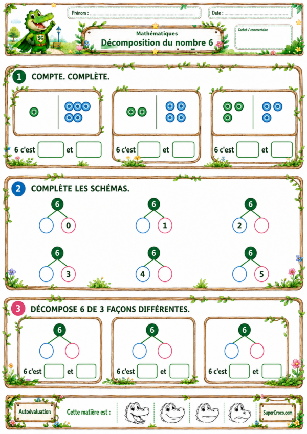 Décomposition du nombre 6 – feuille d’exercices illustrée avec collections et schémas pour les élèves de P1 et CP.