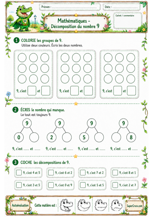 Décomposition du nombre 9 : feuille d’exercices de mathématiques P1 / CP avec groupes de 9, schémas et décompositions à cocher.