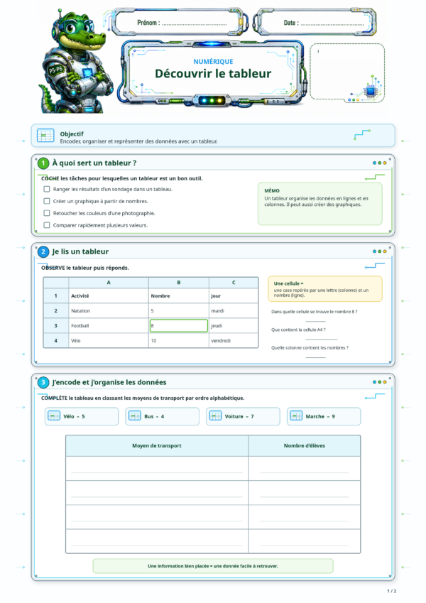 Exercices sur le tableur en cinquième primaire – encoder et organiser des données