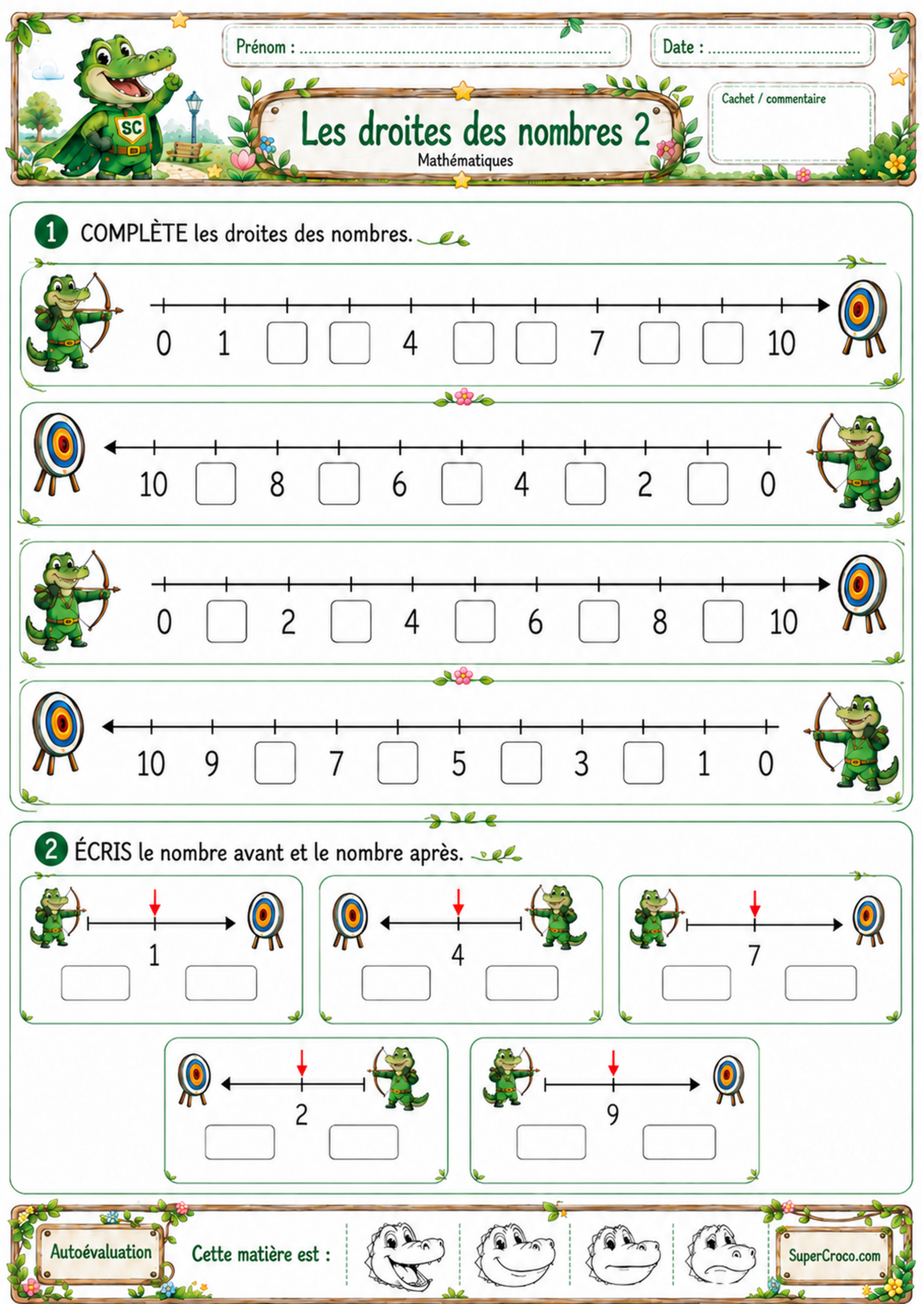 Droites des nombres jusqu’à 10 – Exercices P1 / CP – Feuille 2