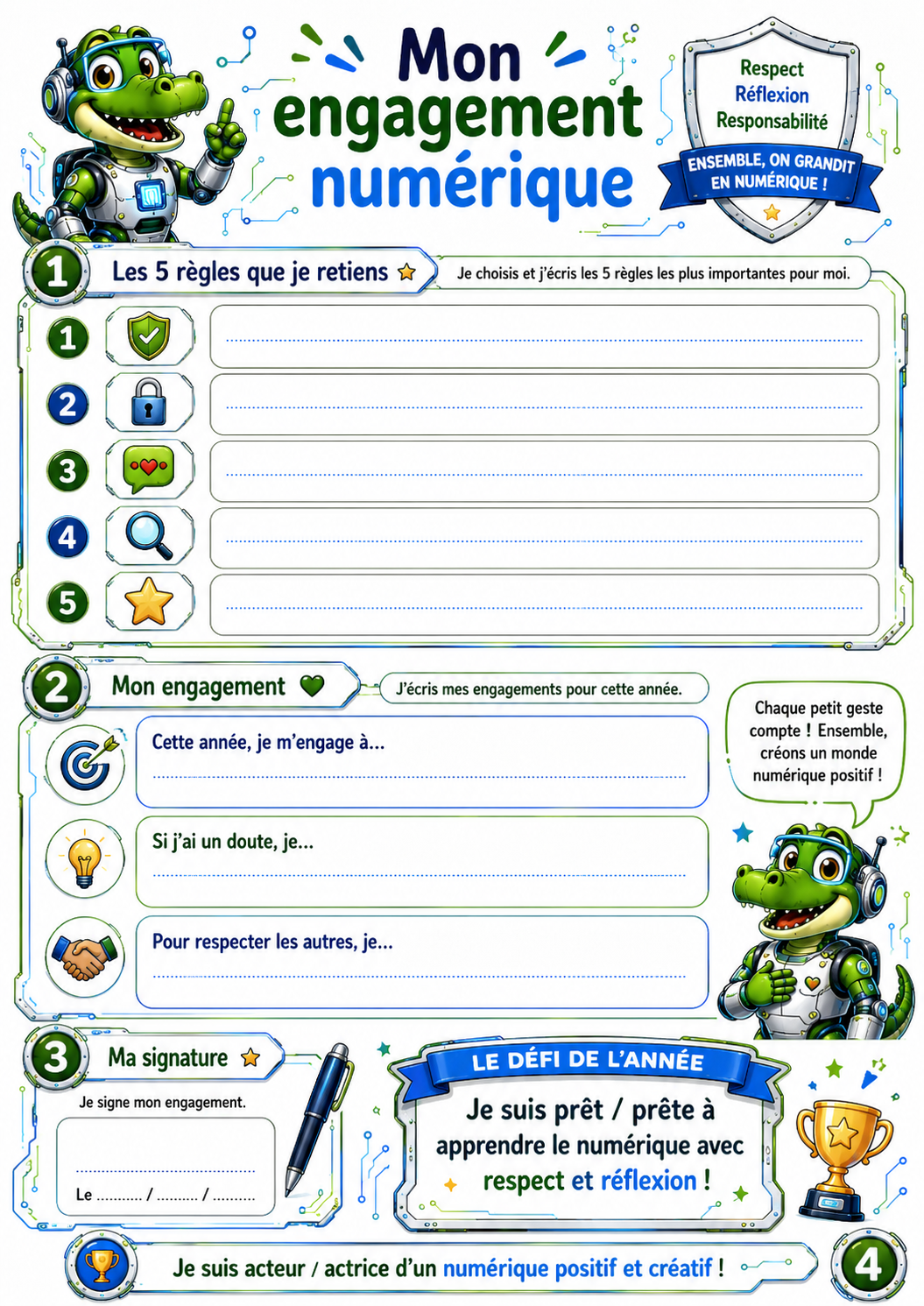 Engagement numérique P5-P6 avec une activité permettant aux élèves de choisir les comportements responsables qu’ils souhaitent adopter pendant l’année.