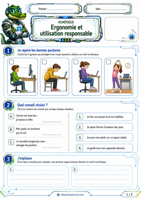 Utilisation responsable du numérique P6 : exercices sur les bons choix, le gaspillage et les gestes écoresponsables.