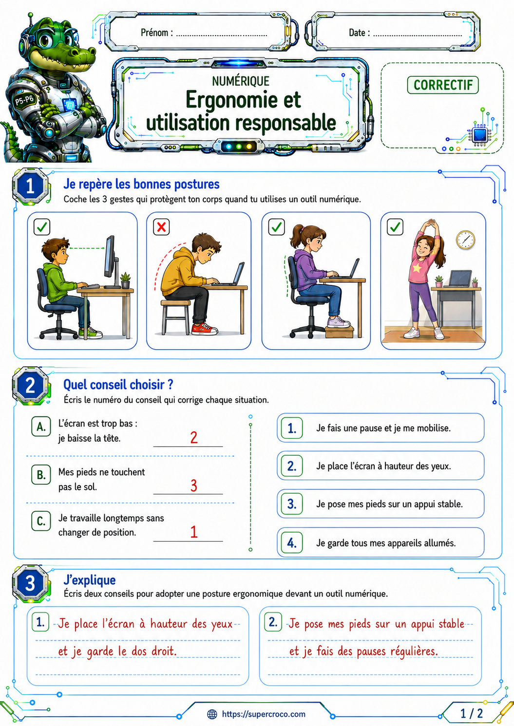 Exercices P6 sur l’ergonomie numérique, les bonnes postures devant un écran et les conseils pour utiliser un outil numérique correctement.