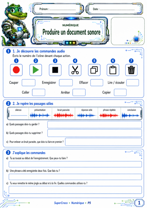 Exercices produire un document sonore P5 CM2 – commandes audio, sélection des passages et montage sonore