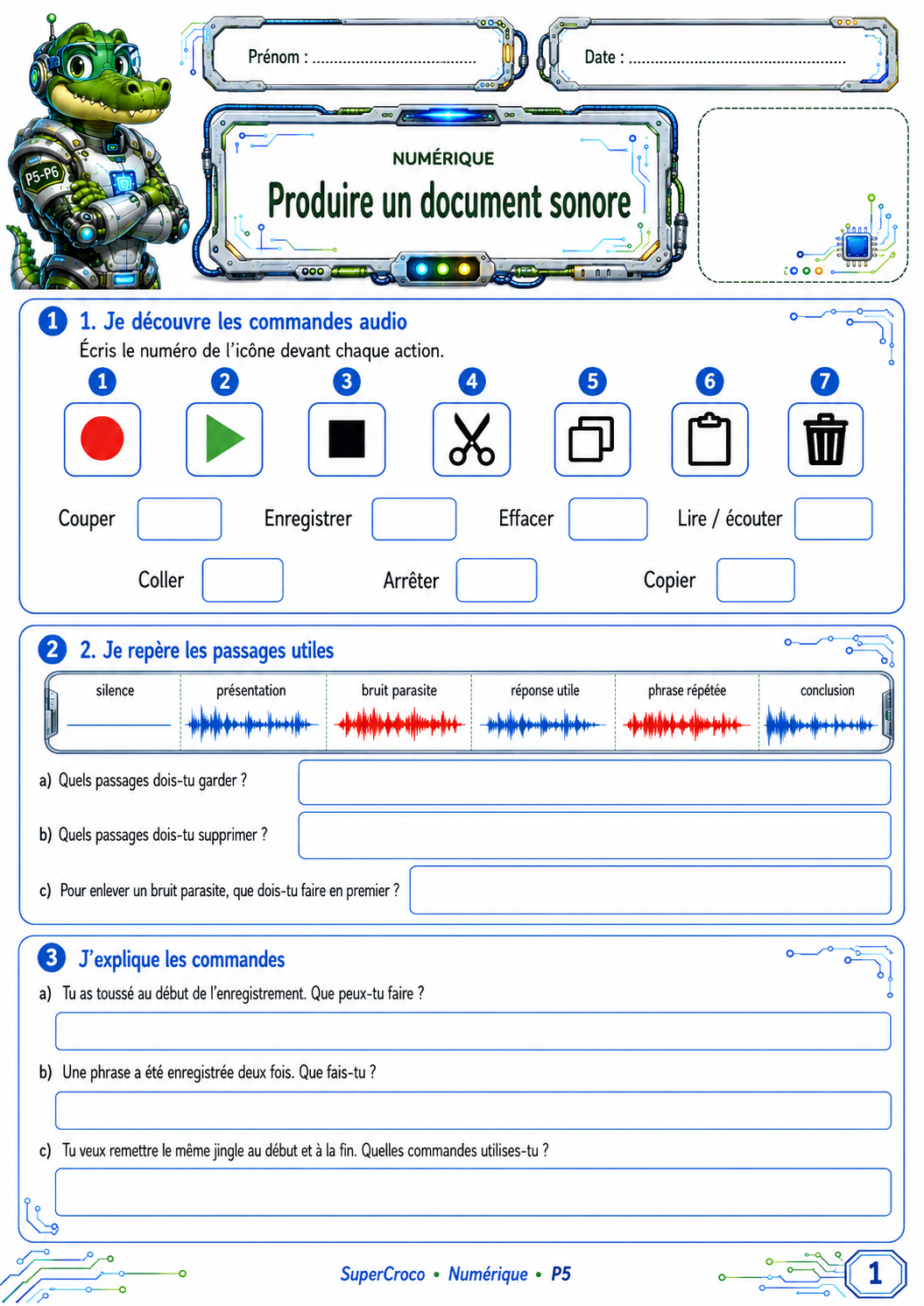 Exercices produire un document sonore P5 CM2 – commandes audio, sélection des passages et montage sonore