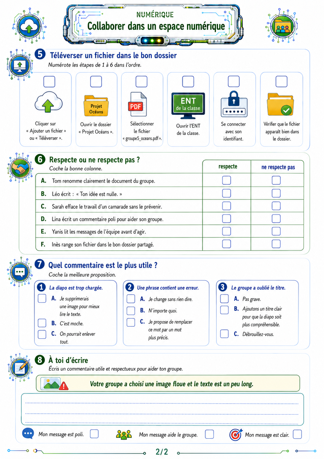 Exercices de numérique P5 CM2 – Collaboration dans un espace numérique – Fiche 2