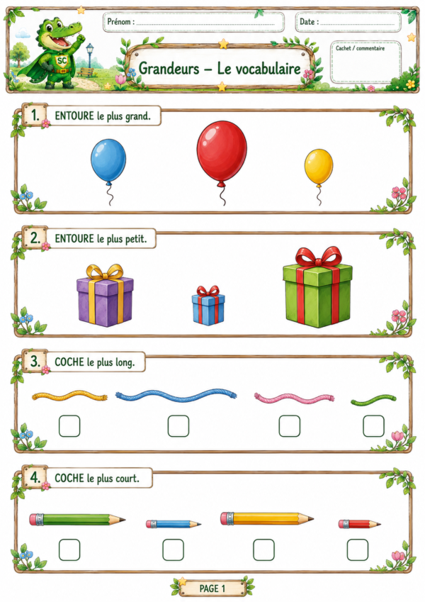 Feuille d’exercices P1 / CP sur le vocabulaire des grandeurs : grand, petit, long et court.