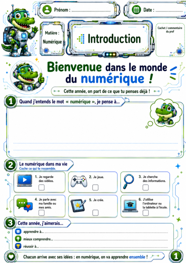 Introduction au numérique P5-P6 avec une première feuille permettant aux élèves d’exprimer ce qu’ils pensent et connaissent déjà du numérique.