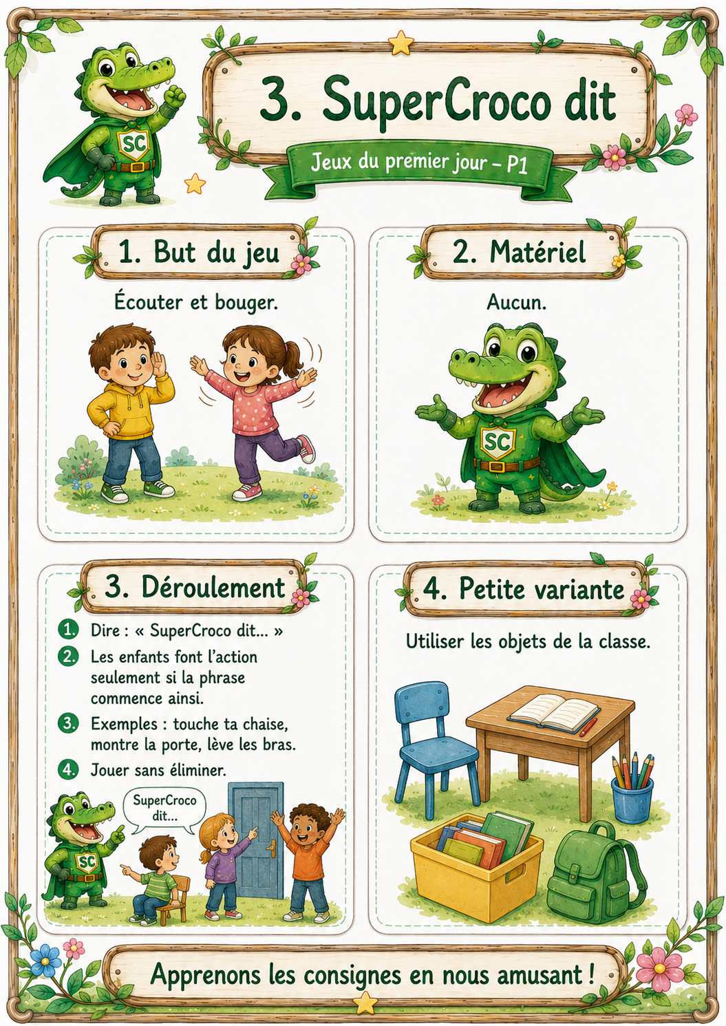 Jeu SuperCroco dit en P1 / CP pour travailler l’écoute et suivre des consignes lors du premier jour de classe