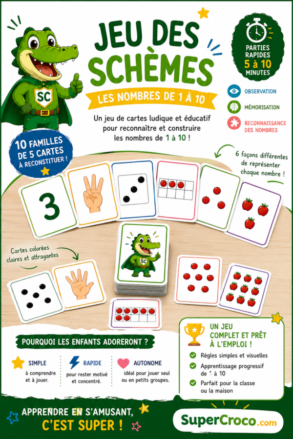 Jeu des schèmes des nombres de 1 à 10 en P1 CP avec cartes à découper et règles pour enfants