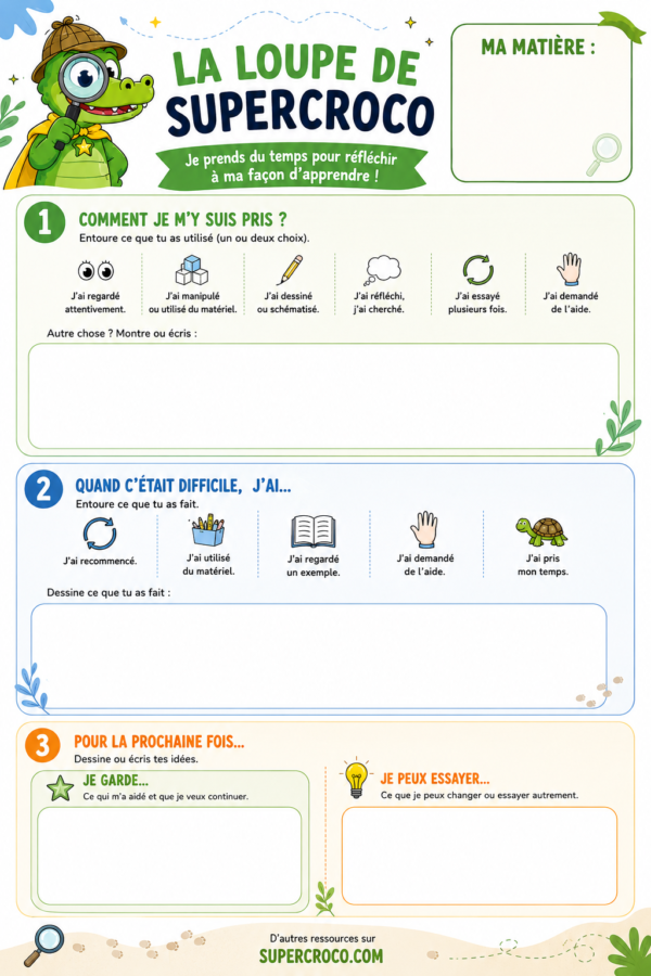 Fiche La Loupe de SuperCroco avec pictogrammes pour réfléchir à ses stratégies d’apprentissage
