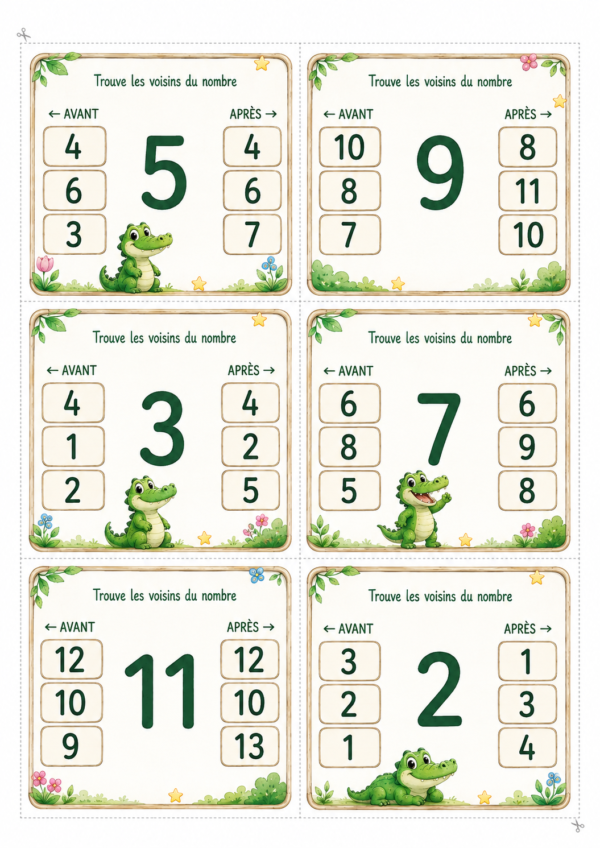 Les voisins des nombres P1 CP – règles du jeu de cartes à pince pour trouver le nombre avant et après