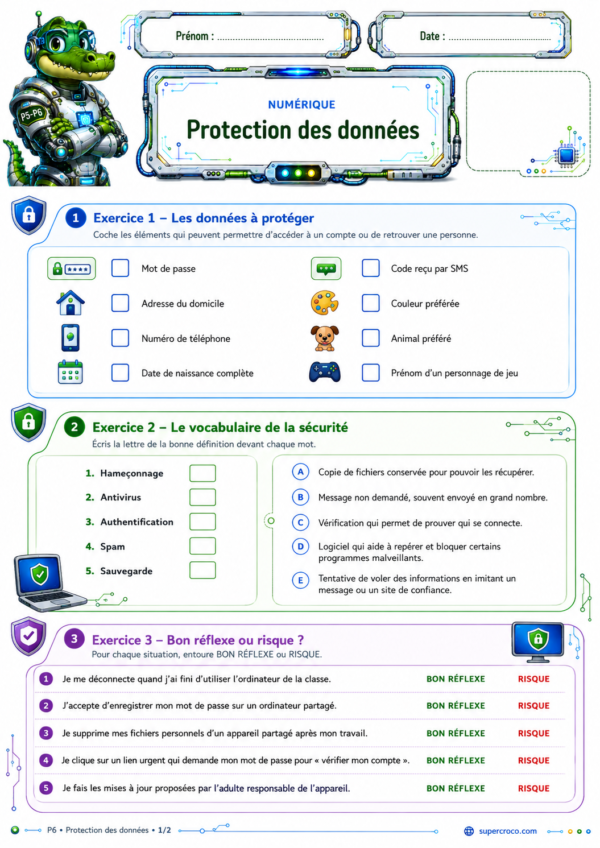 Protection des données P6 – première page d’exercices de numérique sur les données personnelles et la sécurité en ligne