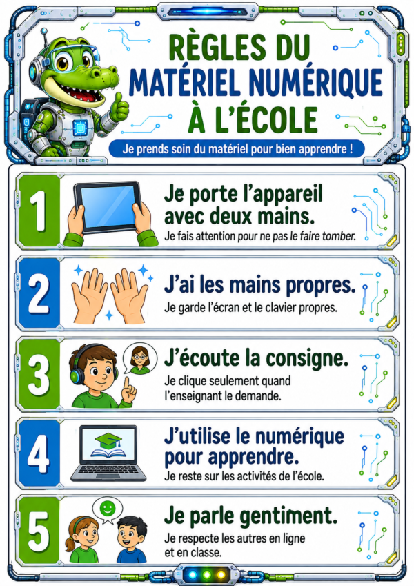 Affiche A3 illustrée présentant les règles 1 à 5 pour bien utiliser le matériel numérique à l’école primaire : porter l’appareil avec deux mains, avoir les mains propres, écouter la consigne, utiliser le numérique pour apprendre et parler gentiment.