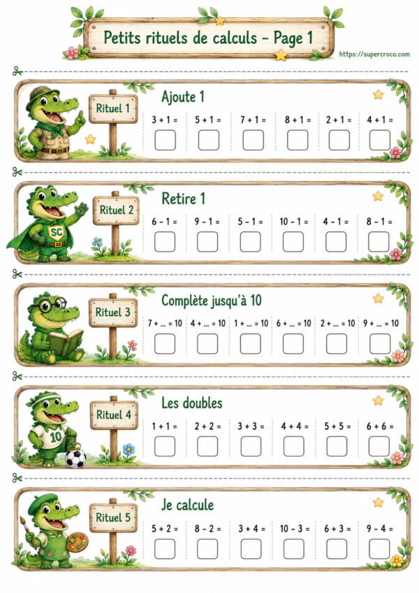 Rituels de calcul P2 CE1 avec bandelettes de calcul mental sur additions, soustractions, compléments à 10, doubles et moitiés
