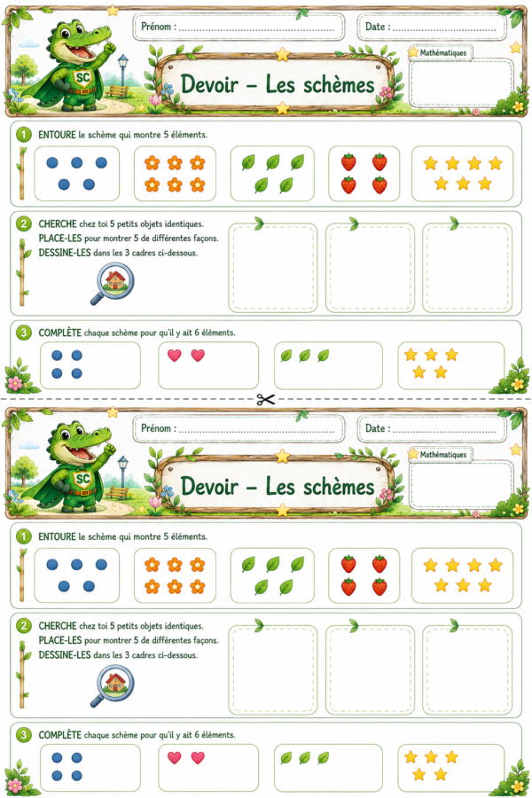 Schèmes P1 CP – Devoir de mathématiques avec reconnaissance, manipulation et représentation de petites quantités.