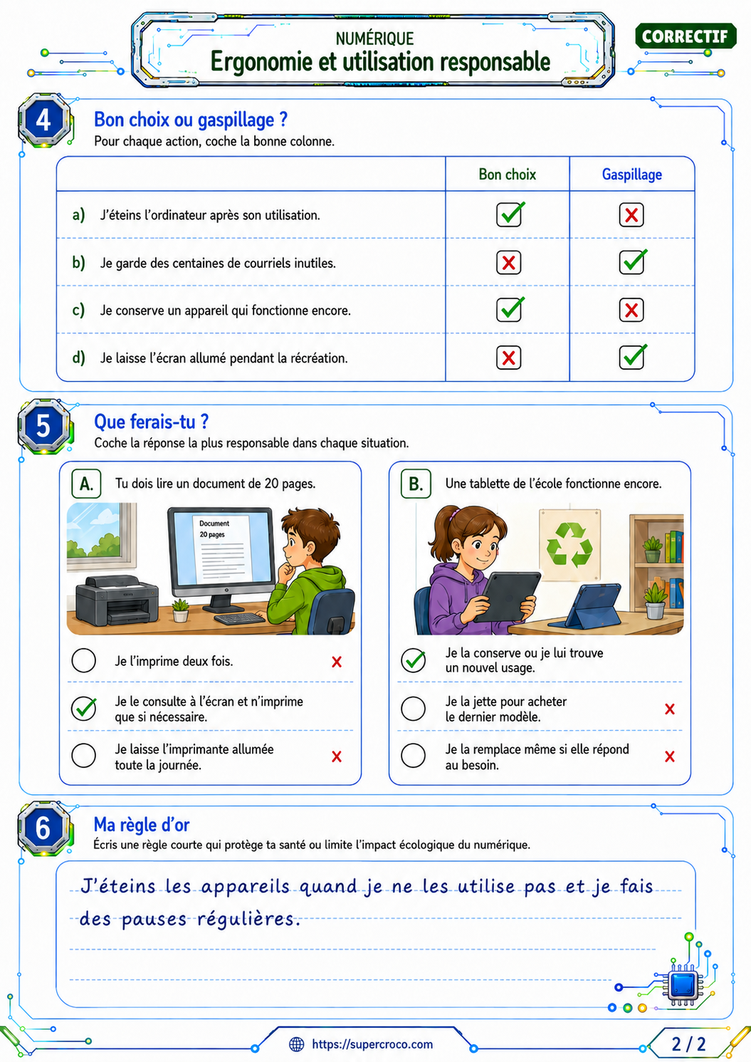 Utilisation responsable du numérique P6 : exercices sur les bons choix, le gaspillage et les gestes écoresponsables.